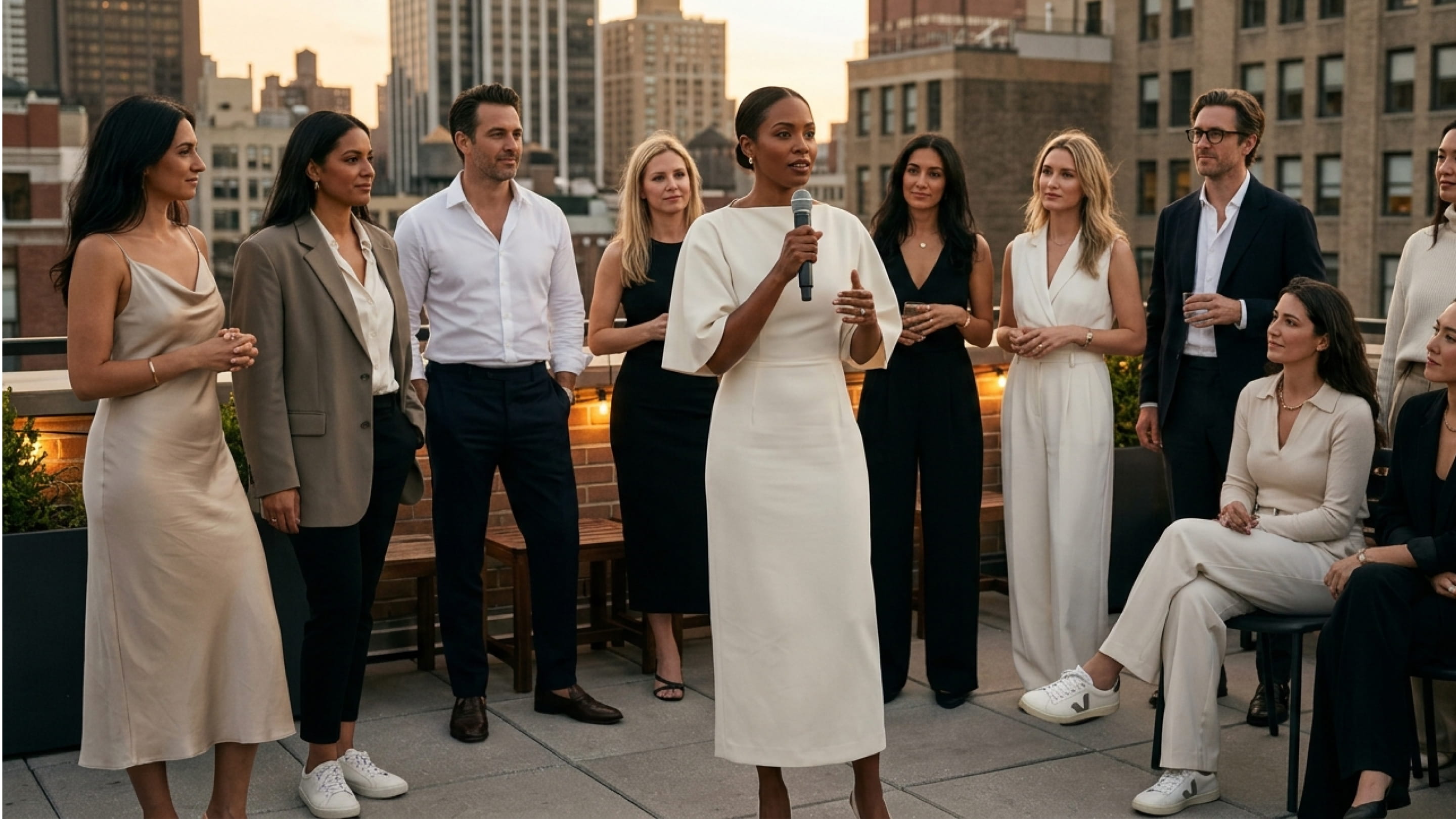 Woman in white dress speaking into microphone outdoors with diverse group listening at sunset.
