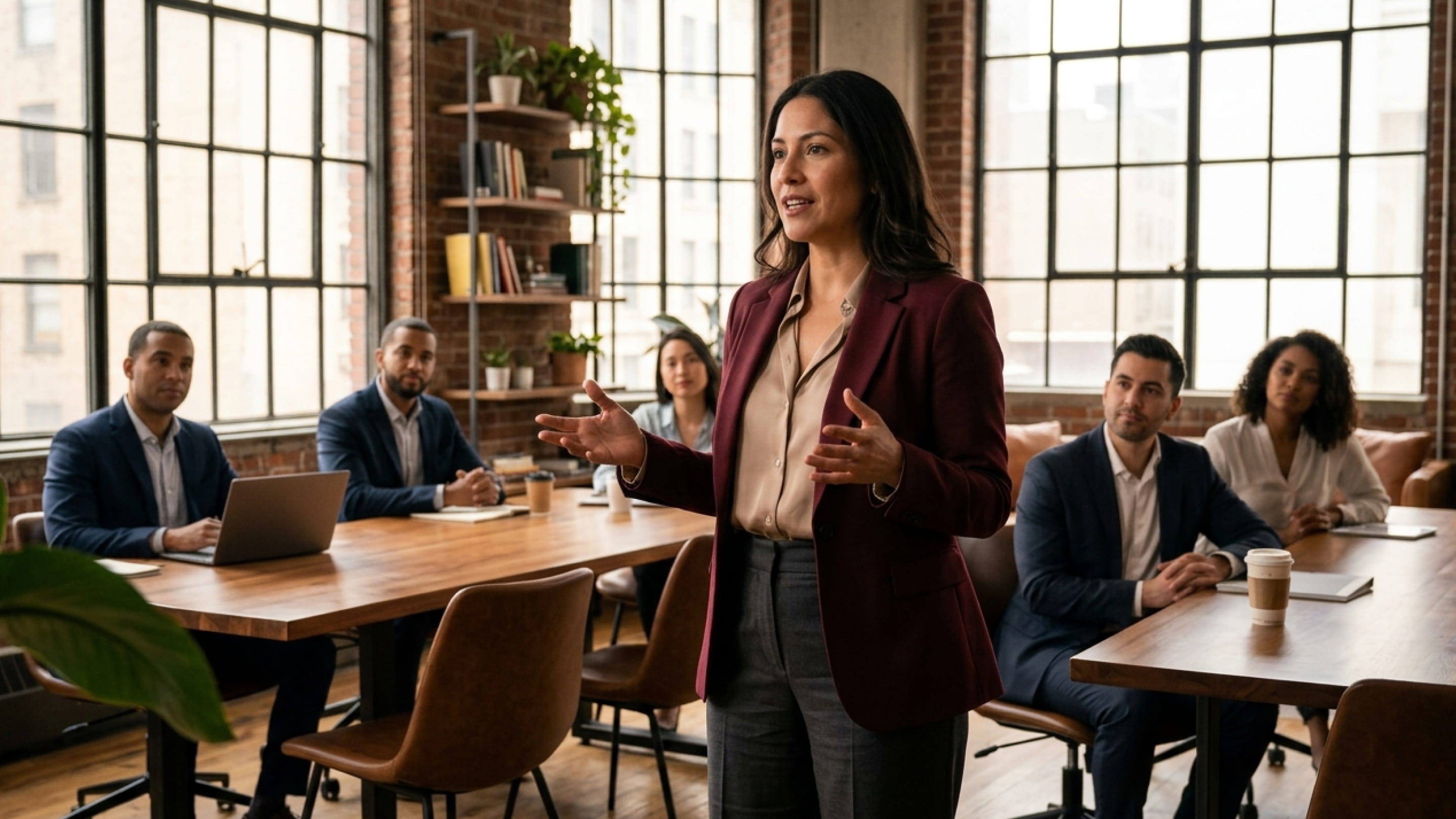 Woman in burgundy blazer speaking to a group seated around a conference table in an office.