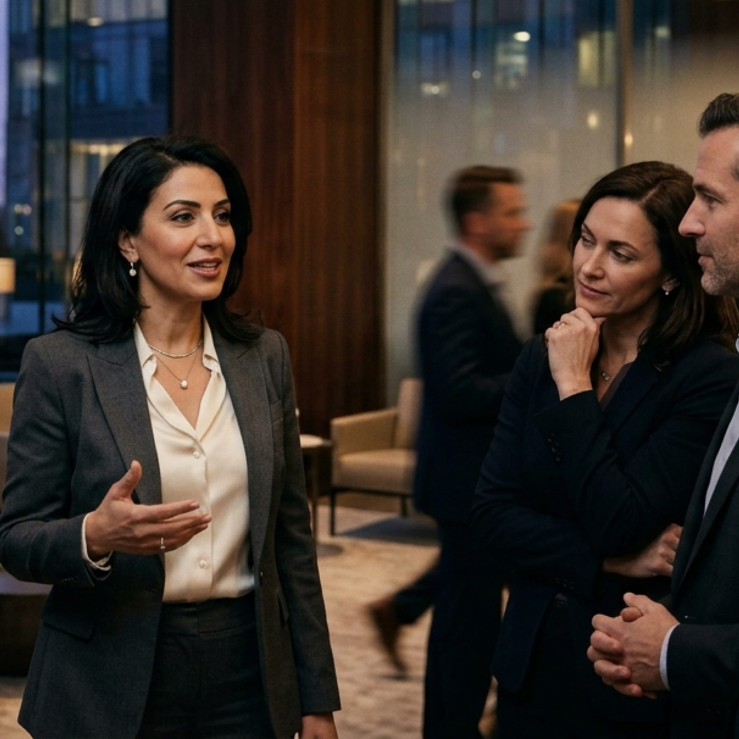 Two women and a man in business attire engaged in conversation in a modern office setting.