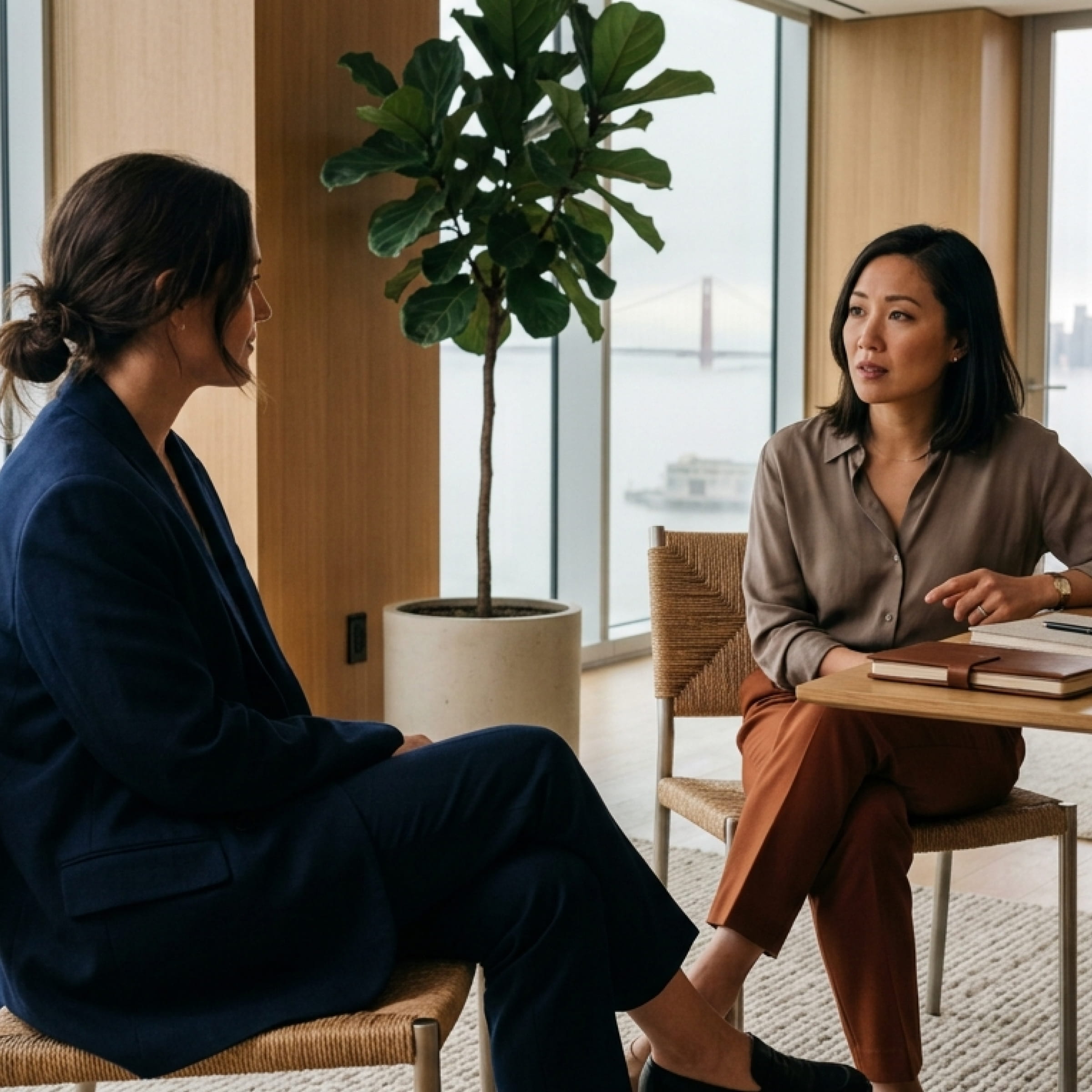 Two women having a serious conversation in a modern office with a large window showing a bridge view.