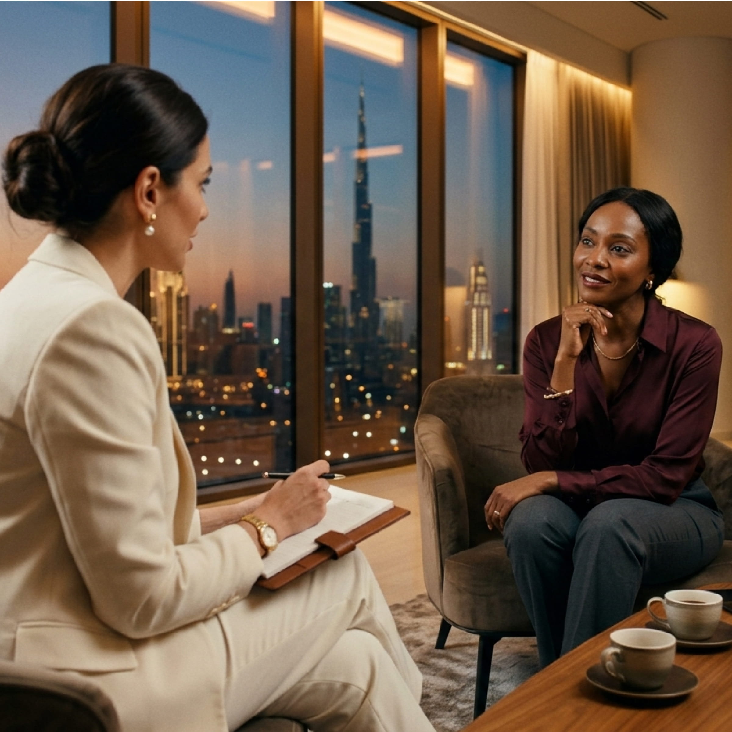 Two professional women in conversation by a large window with a city skyline at dusk.