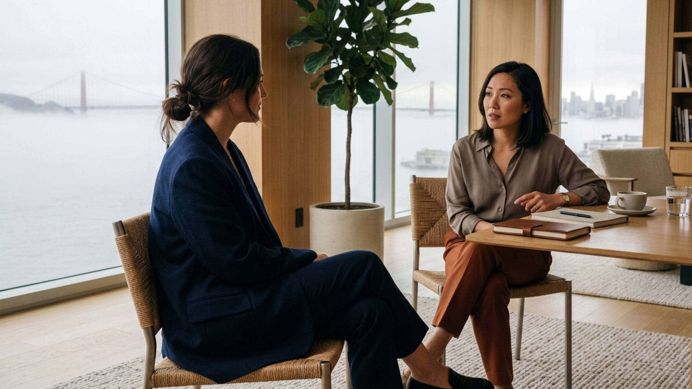 Two women seated at a table in an office with large windows showing the Golden Gate Bridge in fog.