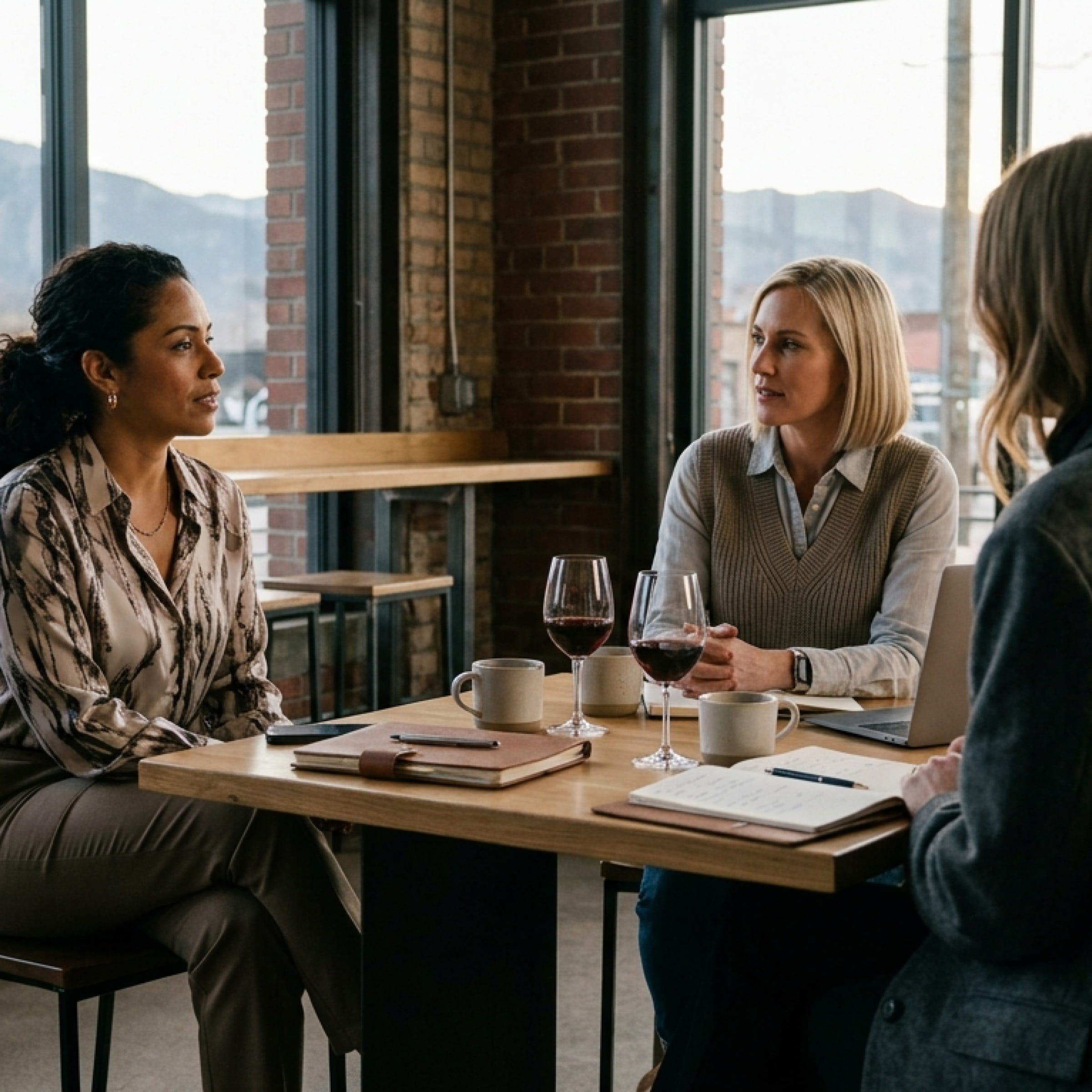 Three women having a discussion at a table with notebooks, coffee cups, and red wine glasses.