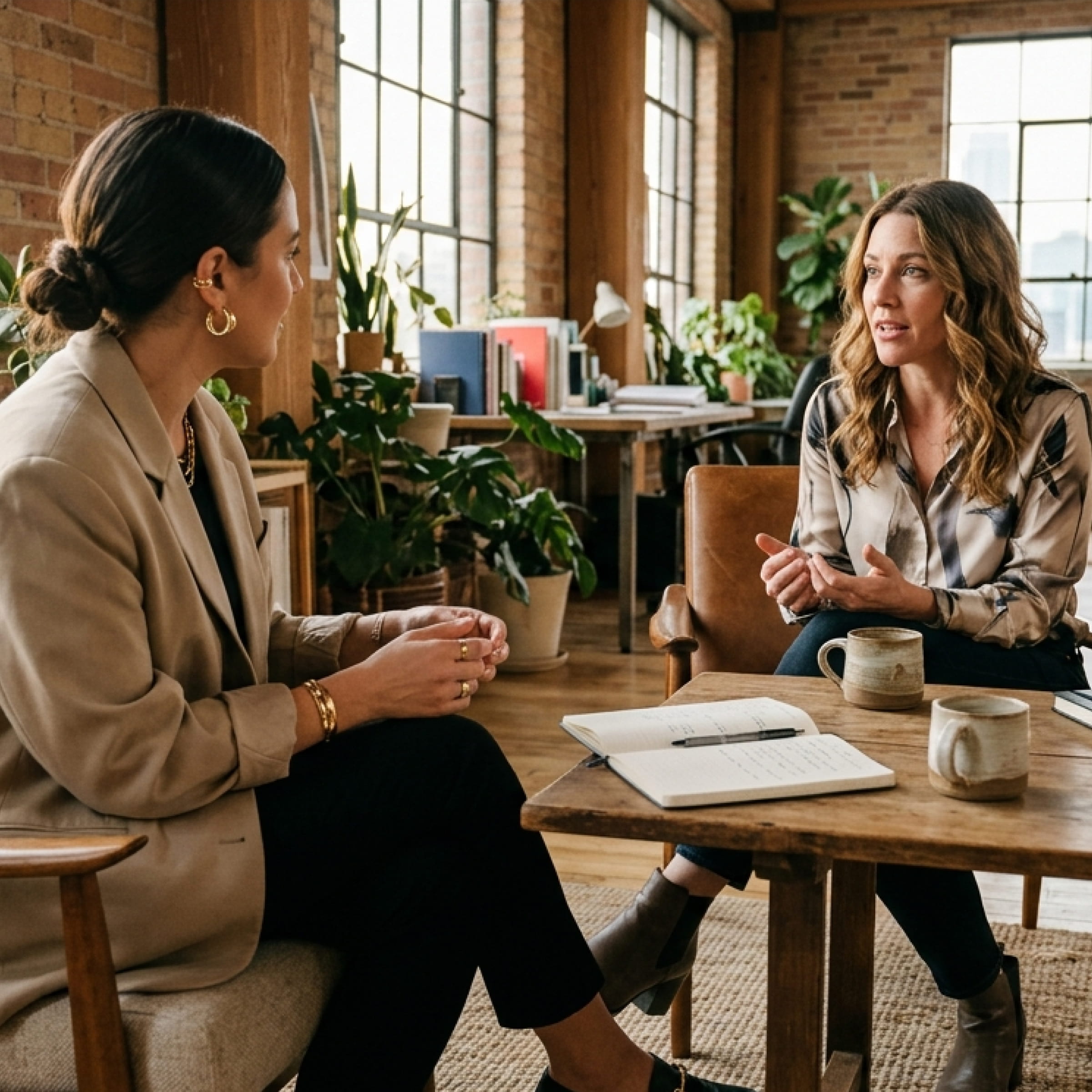 Two women seated in a cozy office having a conversation by a wooden table with a notebook and mugs.