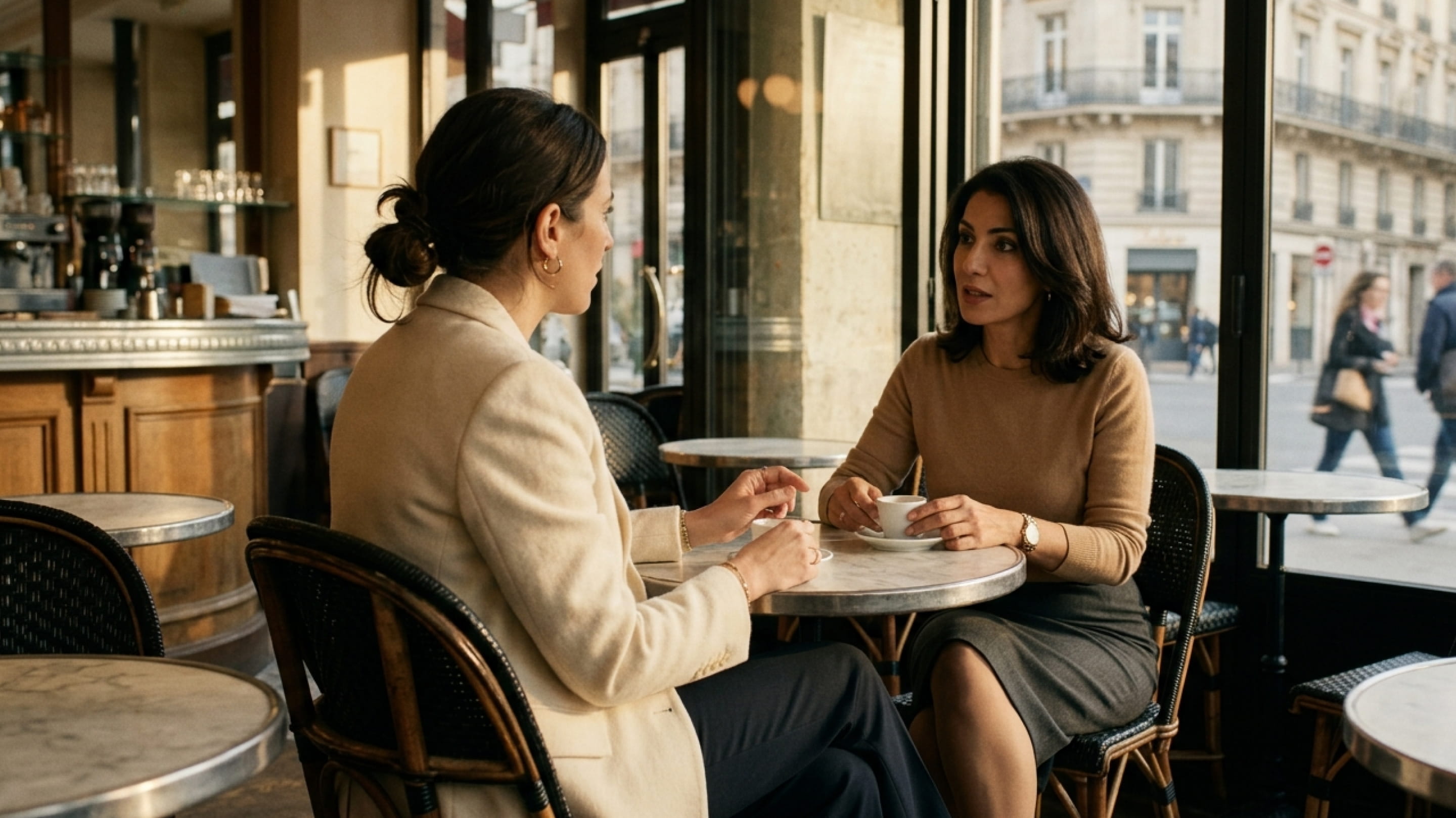 Two women sit at a small round table in a cafe, engaged in conversation over coffee.
