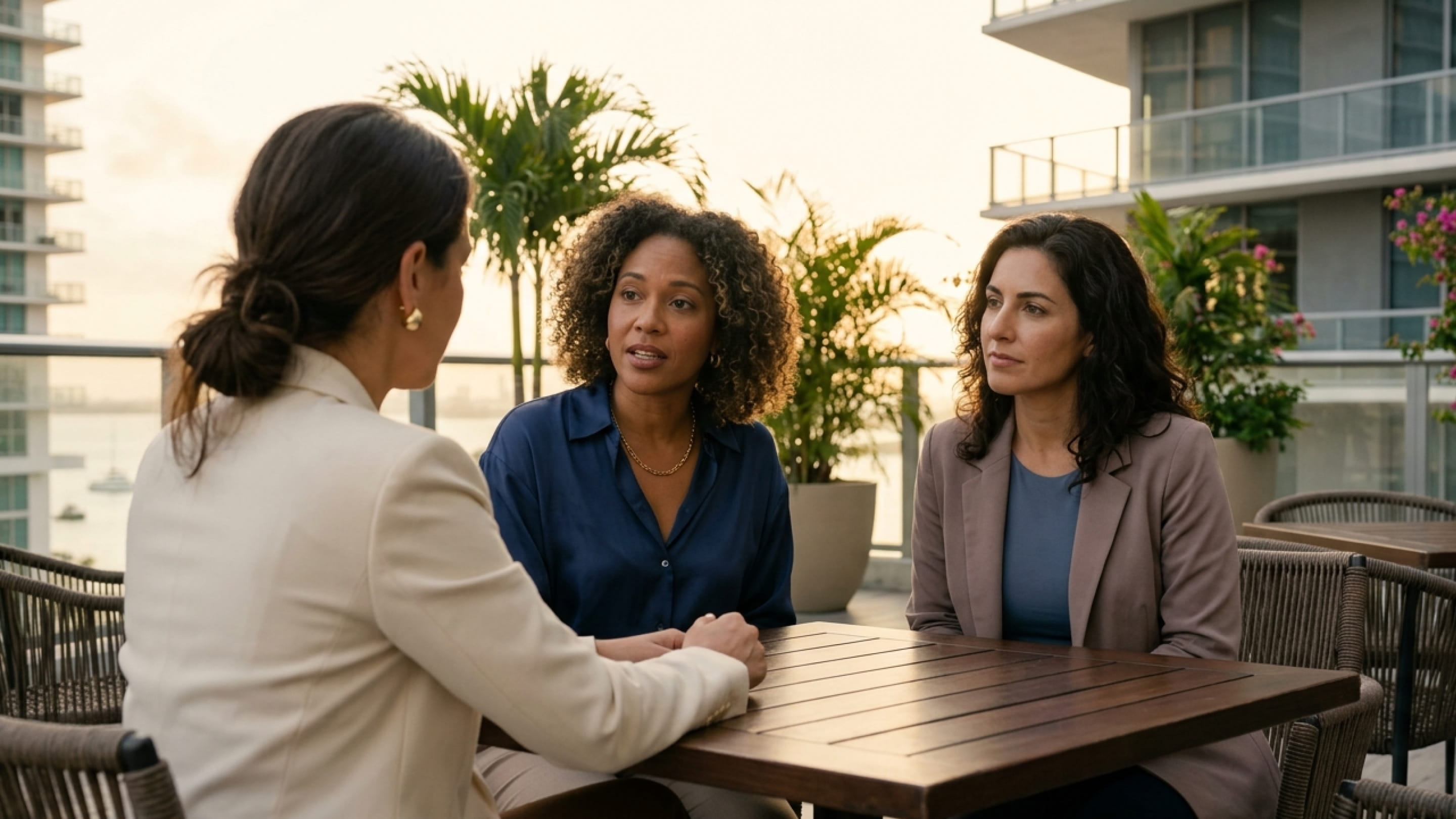 Three professional women sitting at a table having a serious discussion on an outdoor terrace.
