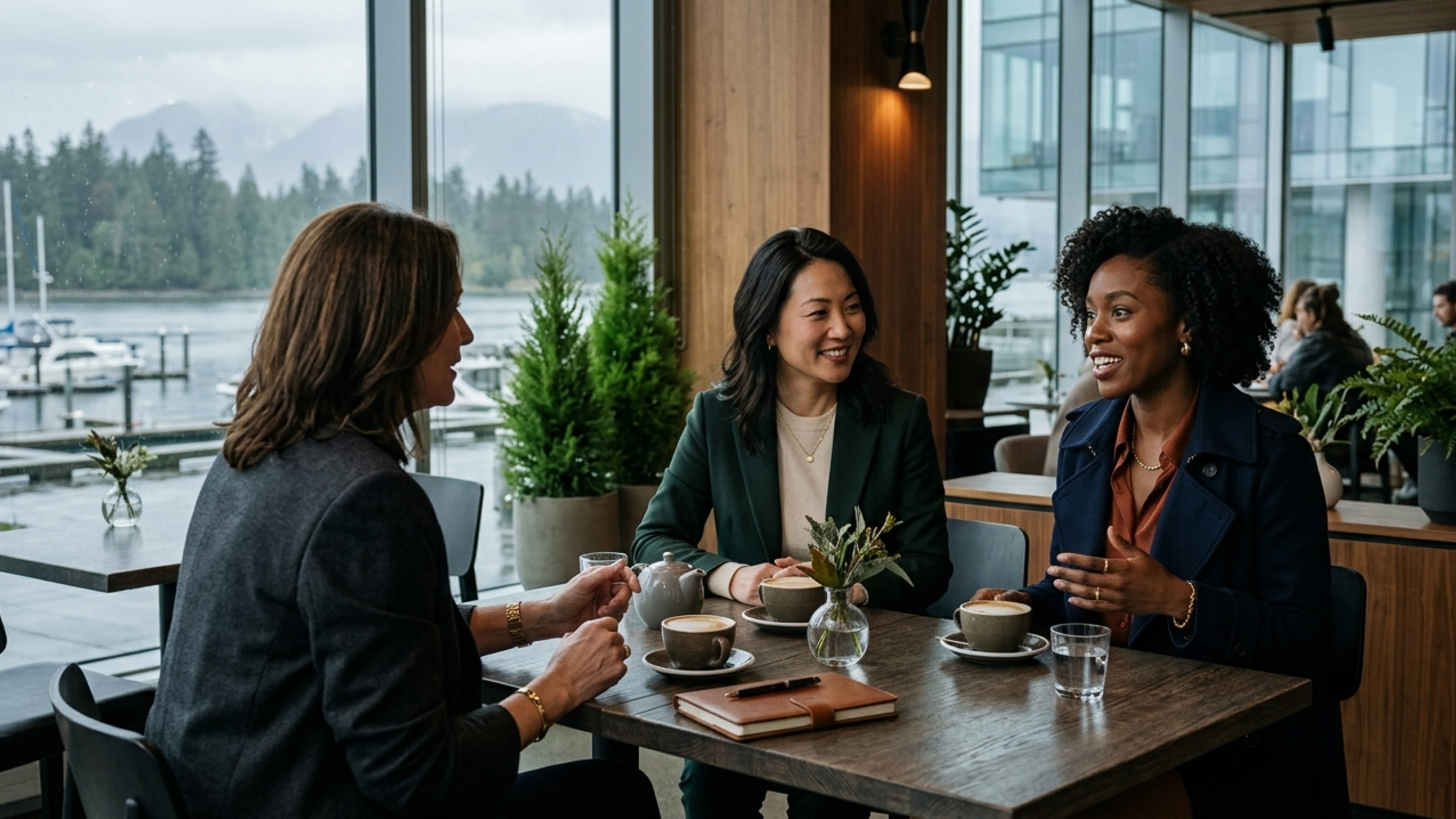 Three women having coffee and talking in a modern cafe with large windows and plants.