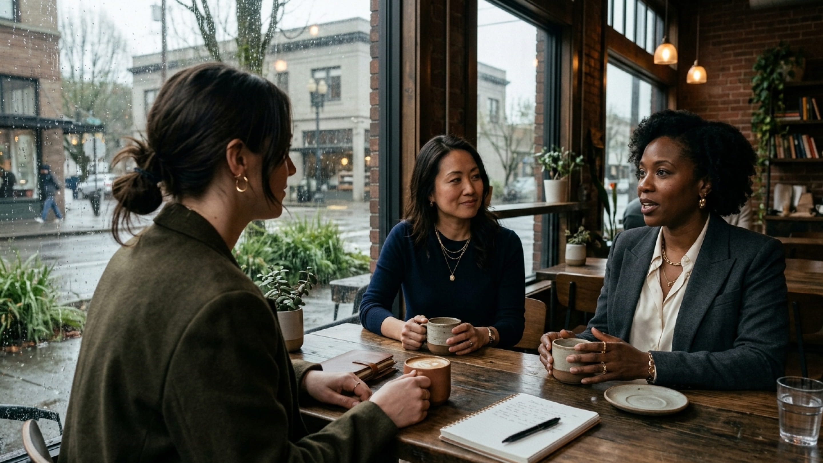 Three women sitting at a wooden table in a cafe, holding coffee cups and talking on a rainy day.
