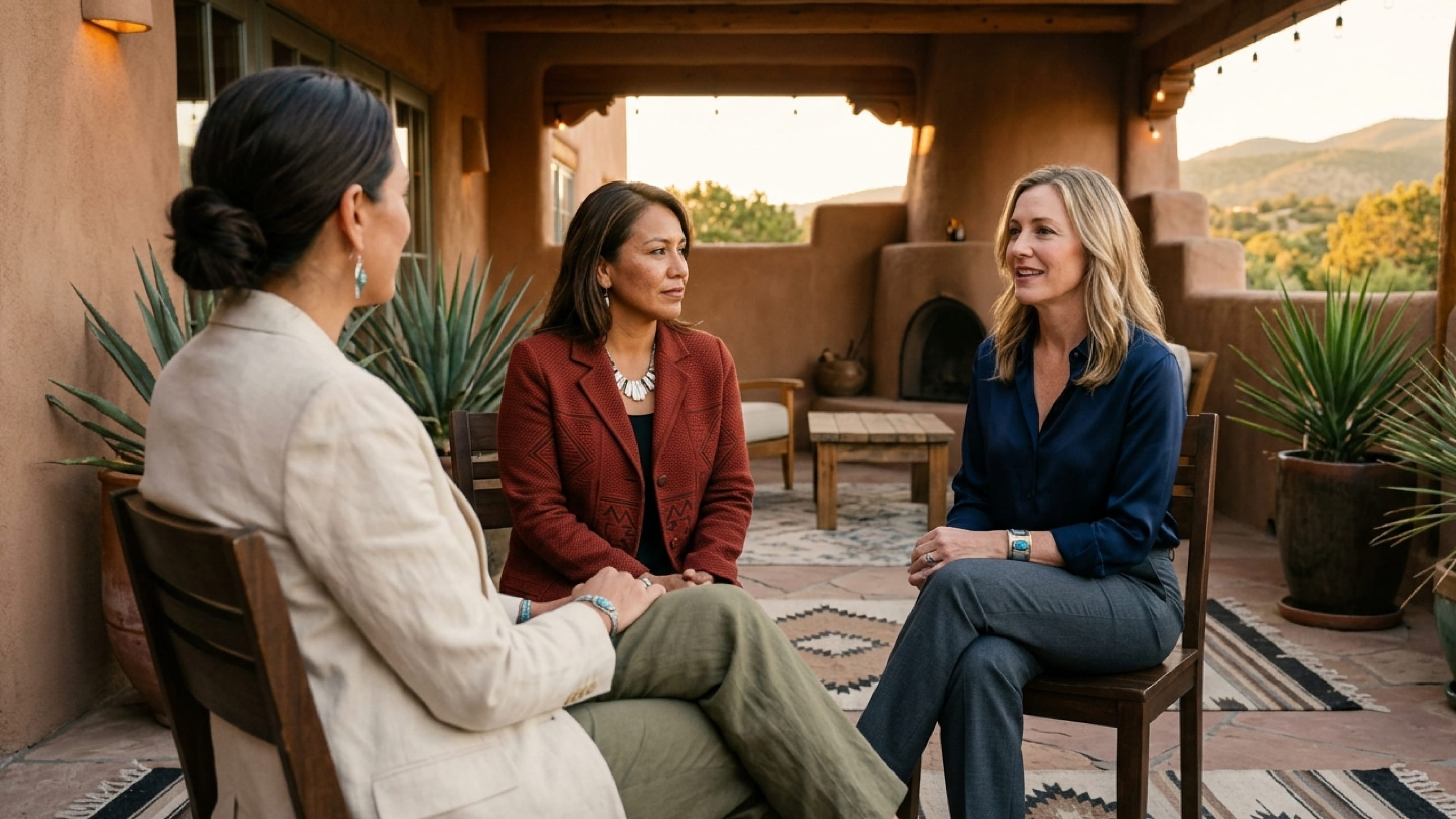 Three women sitting on wooden chairs in a southwestern style patio having a conversation.