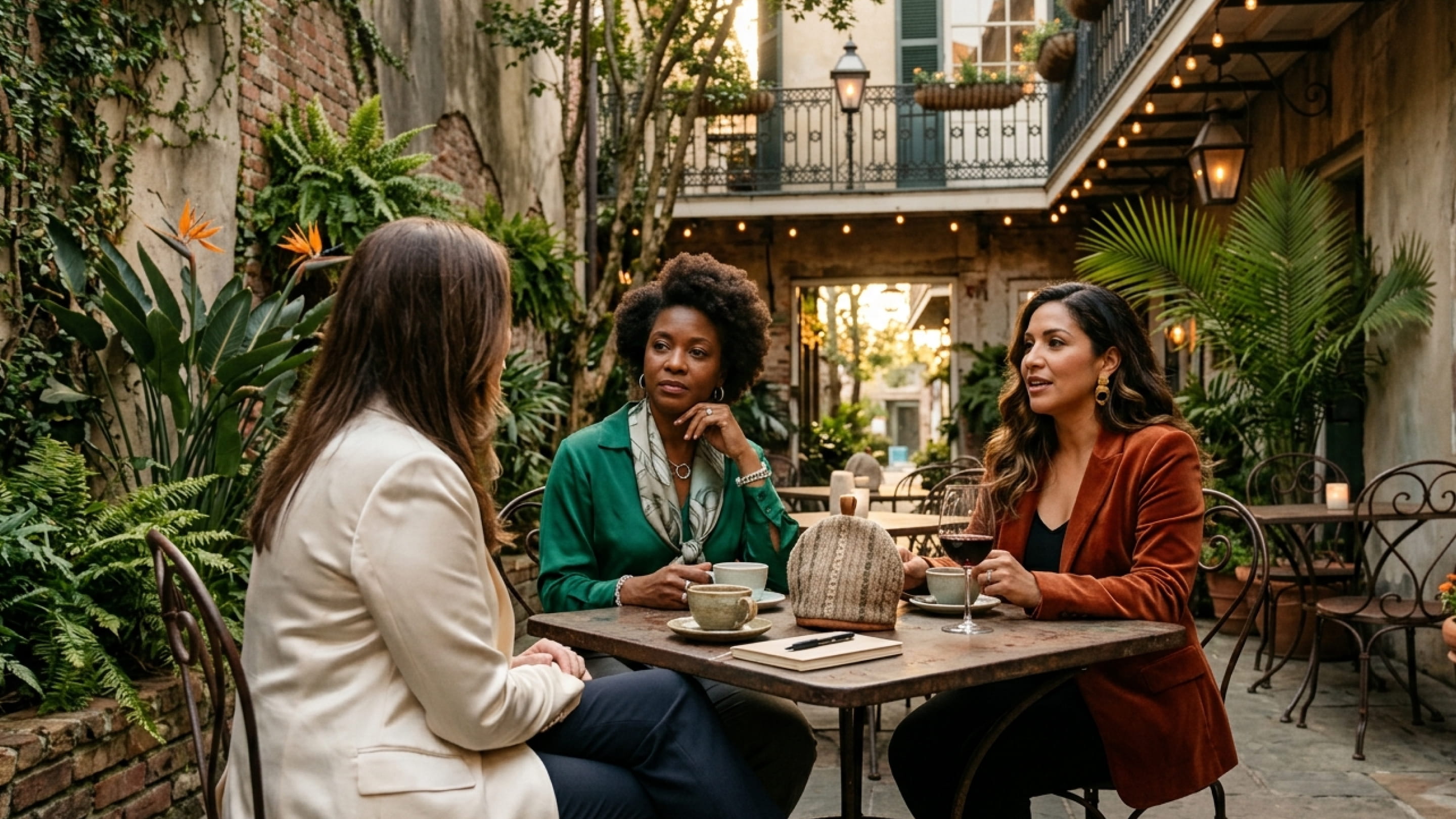 Three women sitting at an outdoor café table, drinking coffee and wine, engaged in conversation.
