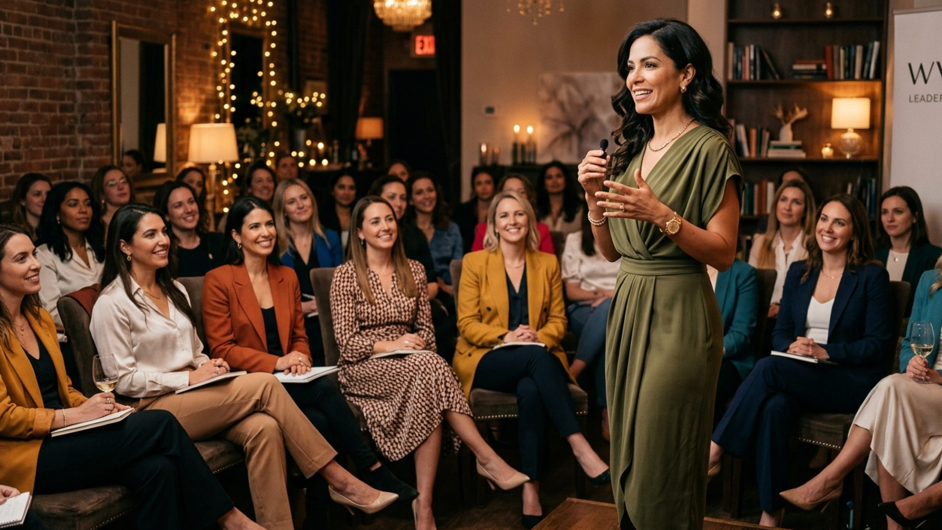 Woman in green dress speaking to a seated audience of attentive women in a warmly lit room.