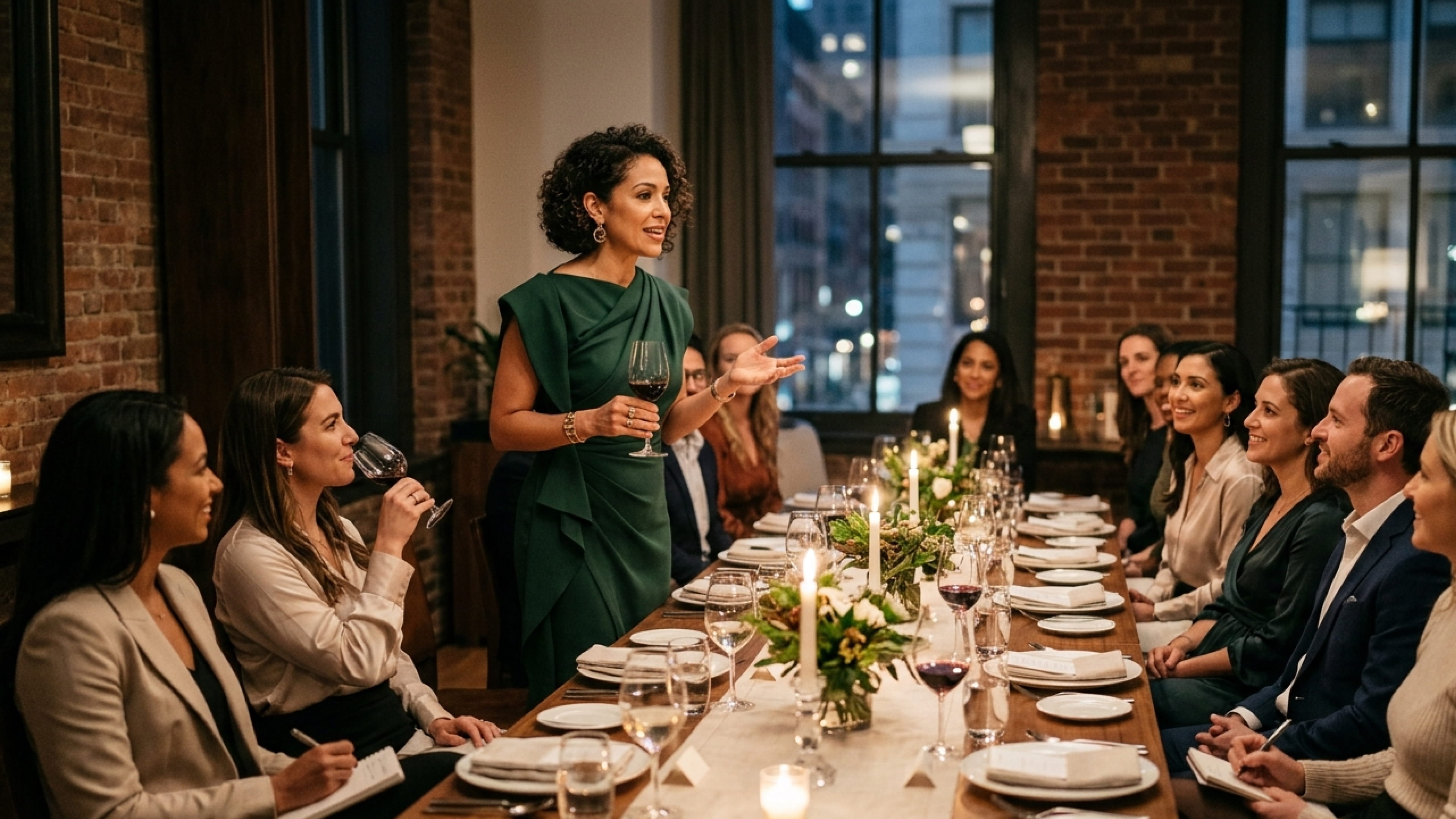 Woman giving a toast holding wine glass at a warmly lit dinner party with guests seated at table.