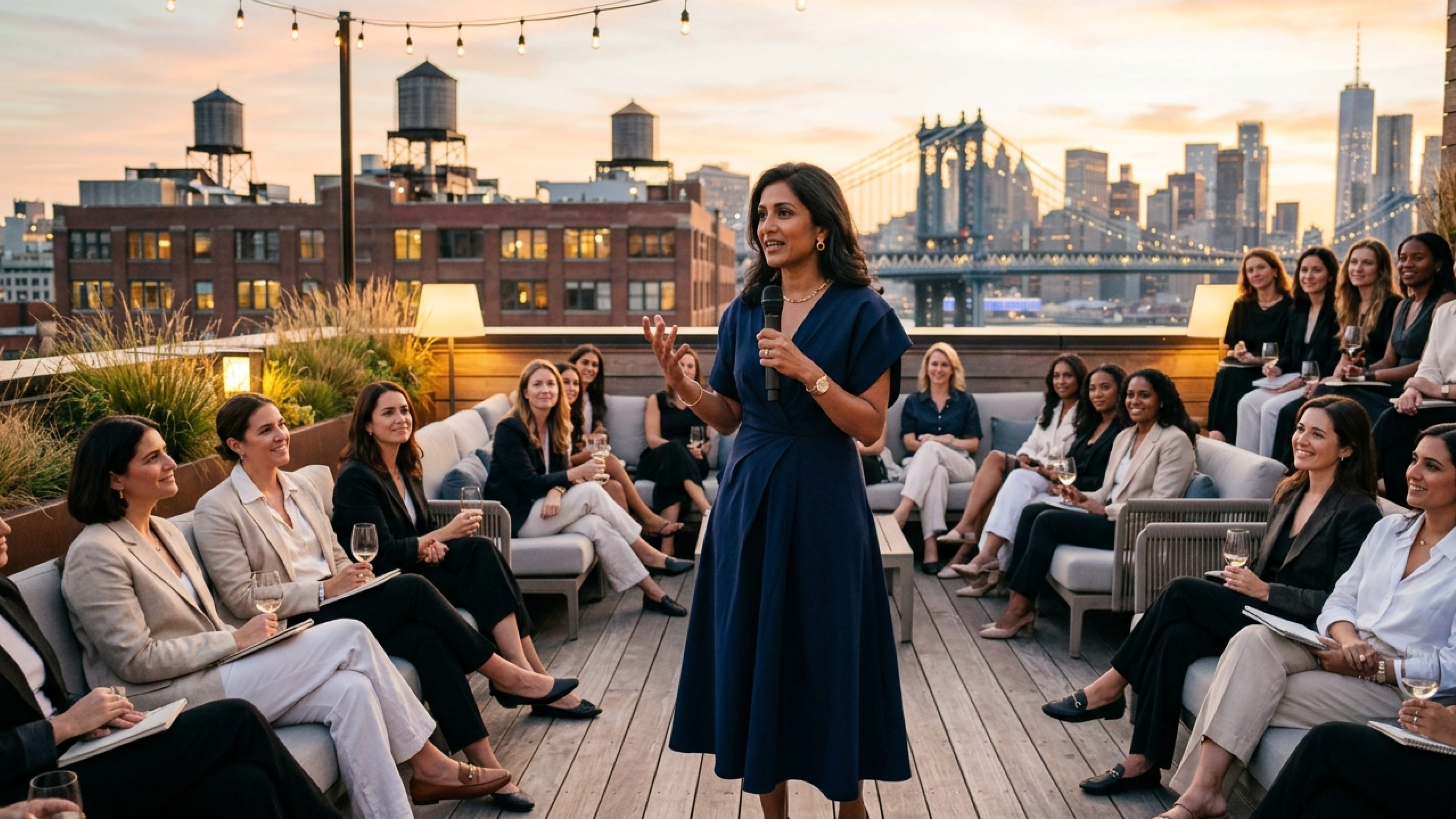 Woman in navy blue dress speaking with microphone to seated audience on rooftop at sunset.