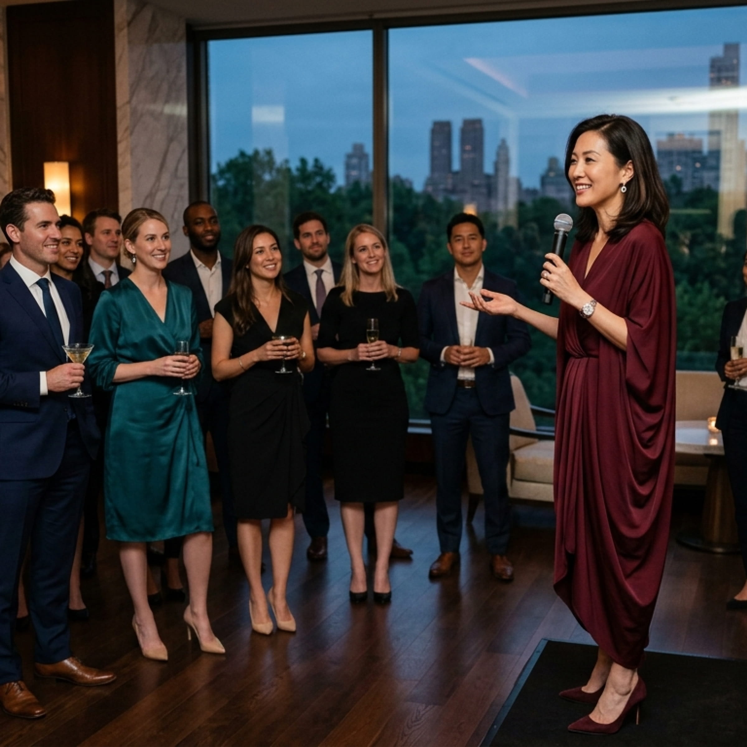 Woman in burgundy dress speaking to a small group of well-dressed people holding drinks indoors.