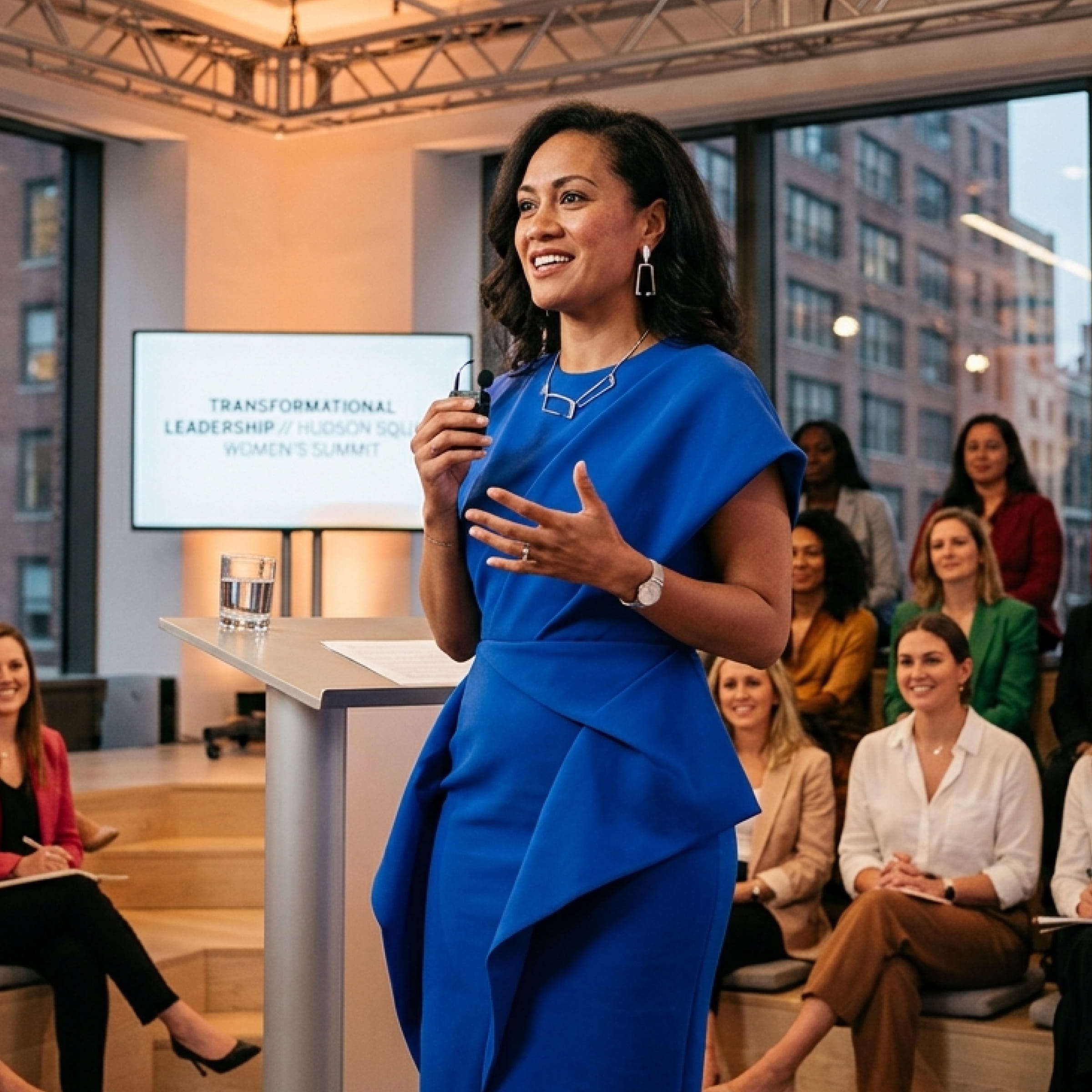 Woman in a blue dress speaking at a women's leadership summit with audience in the background.