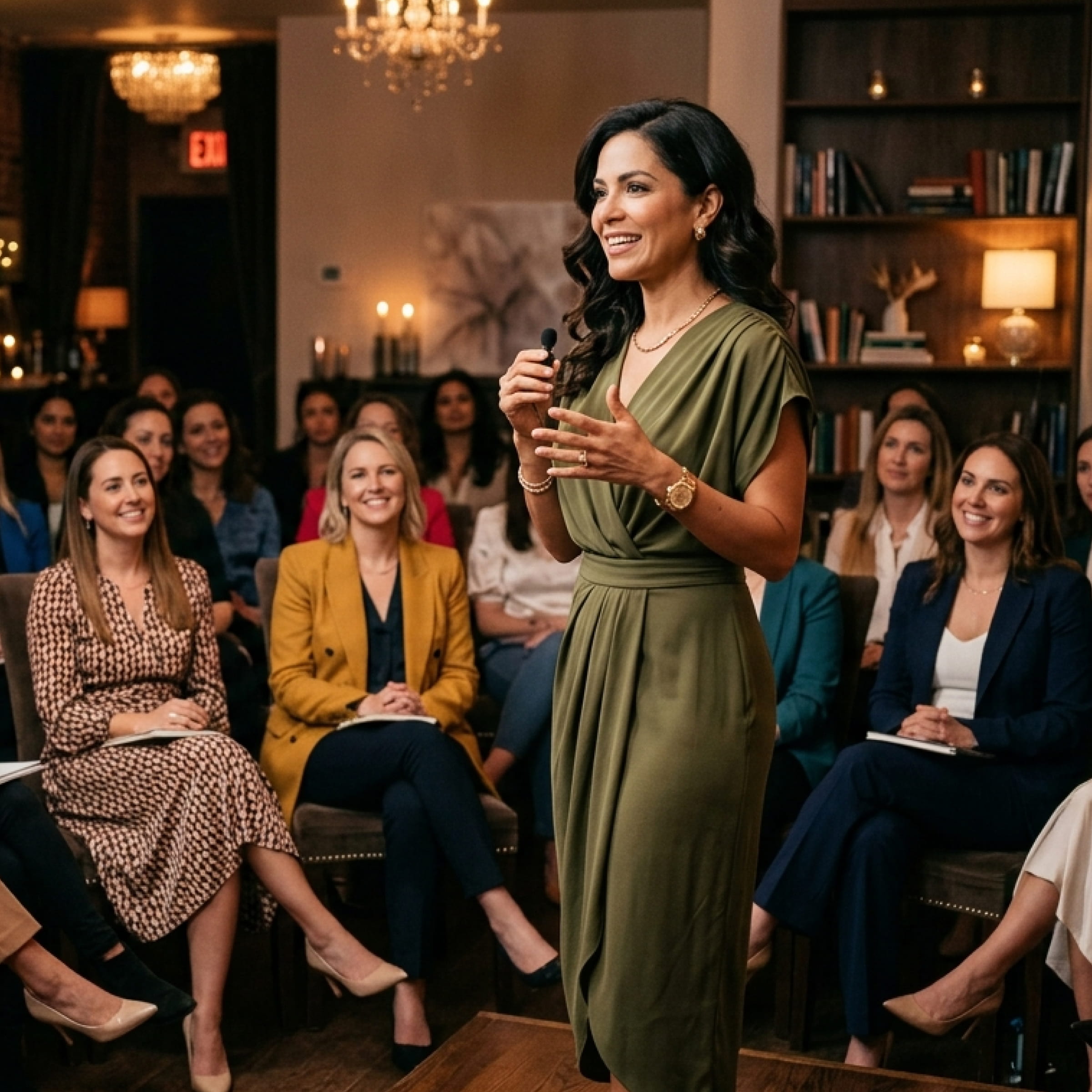 A woman in a green dress speaks to an attentive audience of seated women in a warm room.