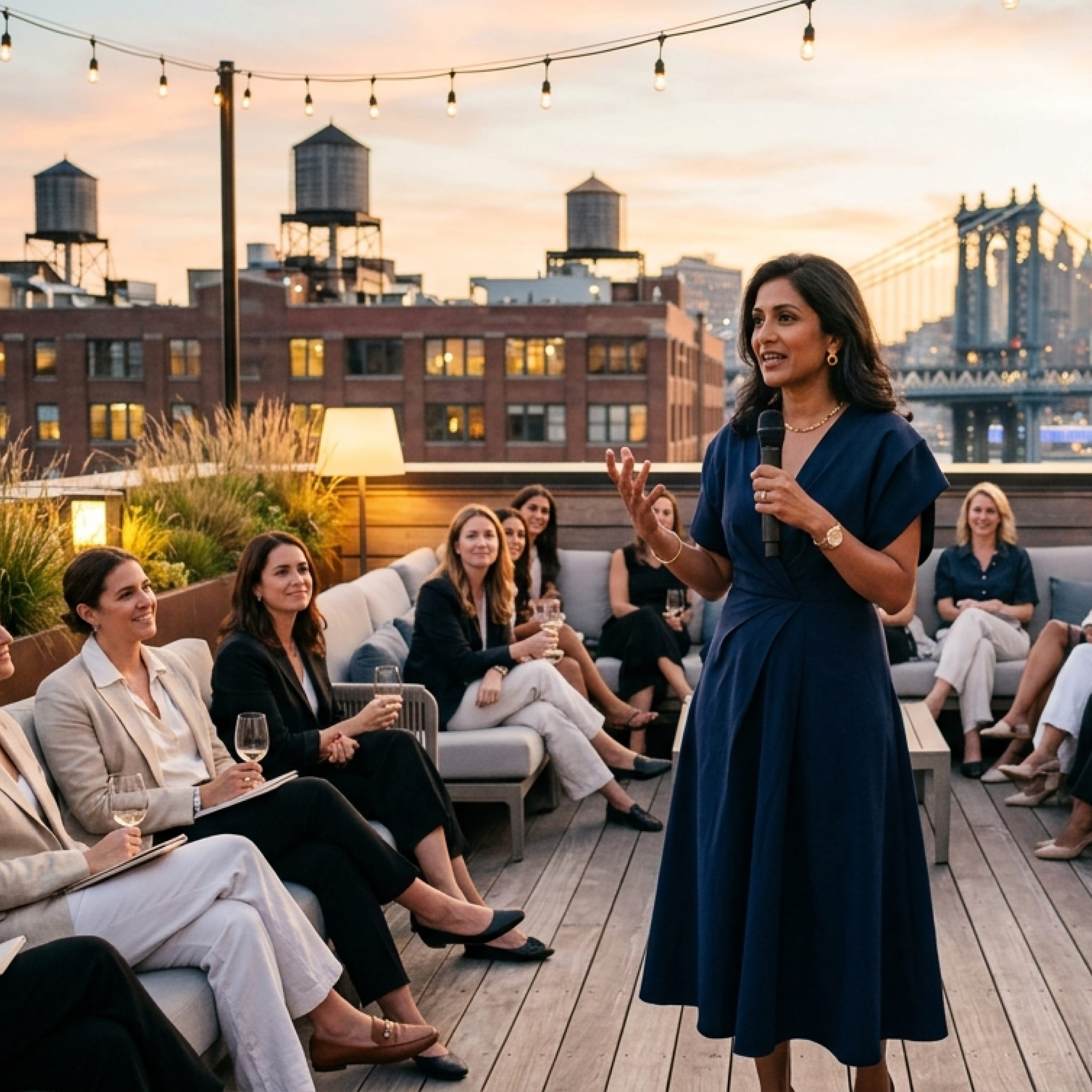 Woman in navy dress speaking with microphone to seated women on rooftop at sunset with city skyline.