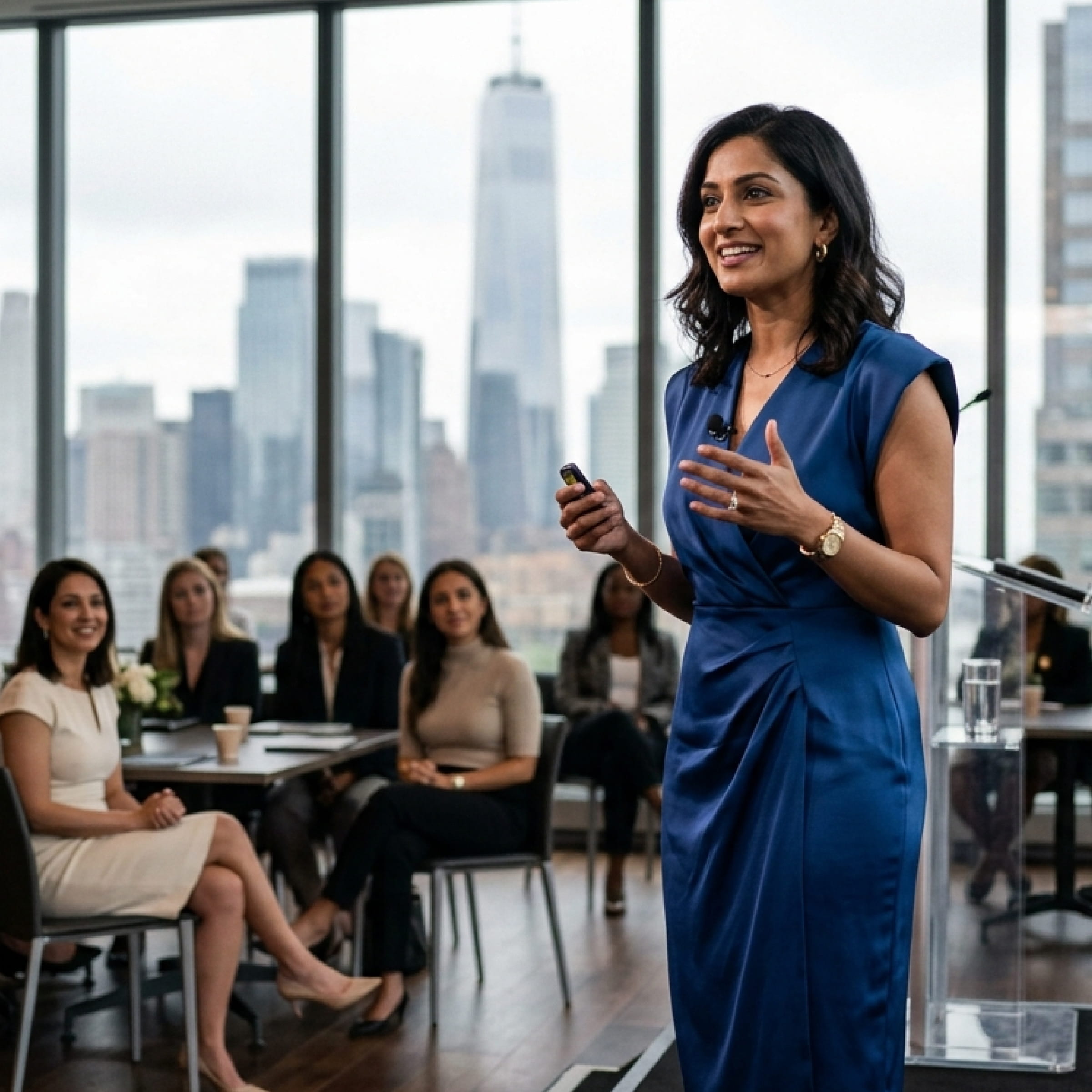 Woman in blue dress speaking to an audience in a modern room with city skyline windows.