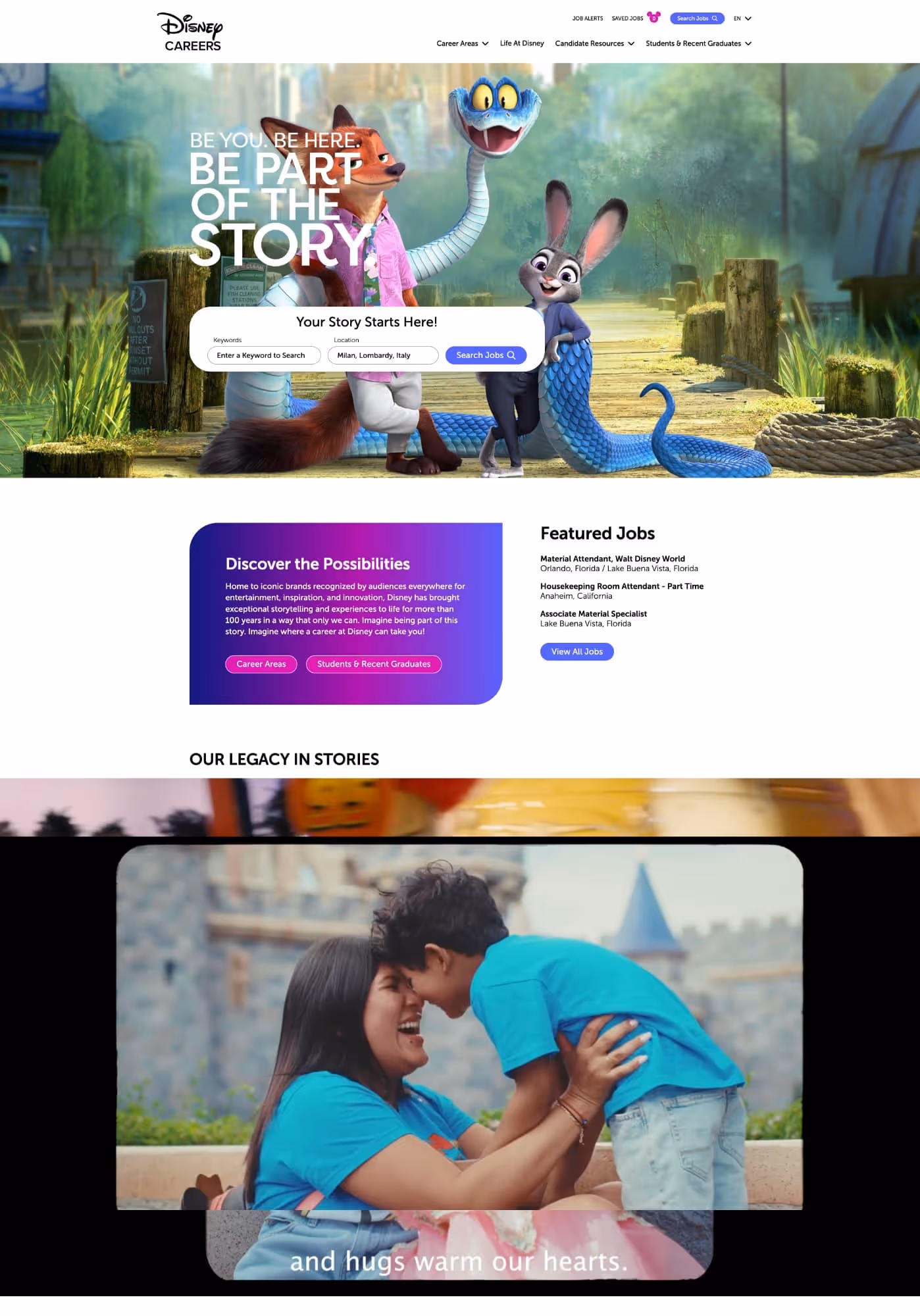Disney careers cover image for Media & Entertainment roles featuring animated characters and job sections