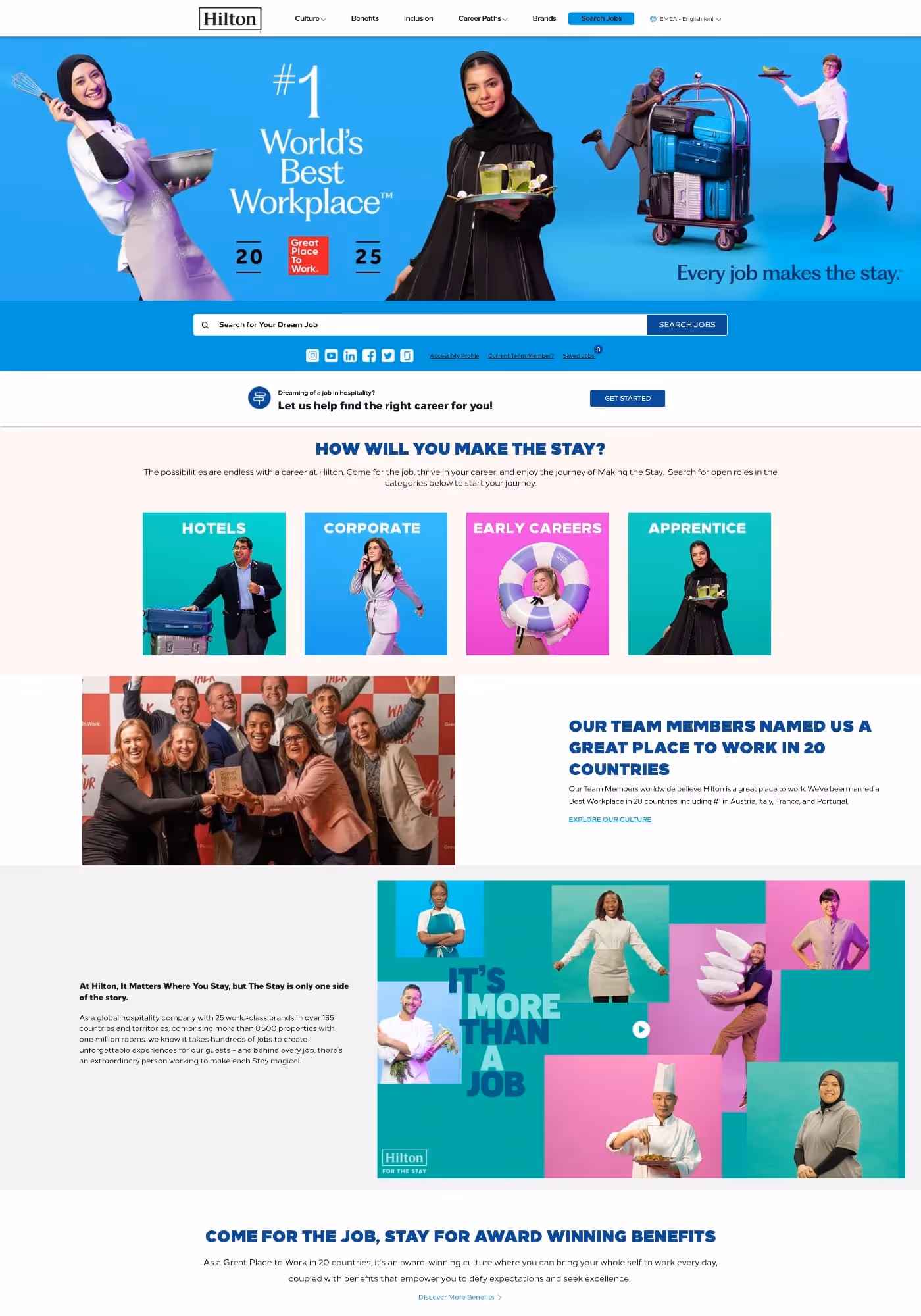 Diverse Hilton hospitality and tourism employees featured on a careers page cover illustration