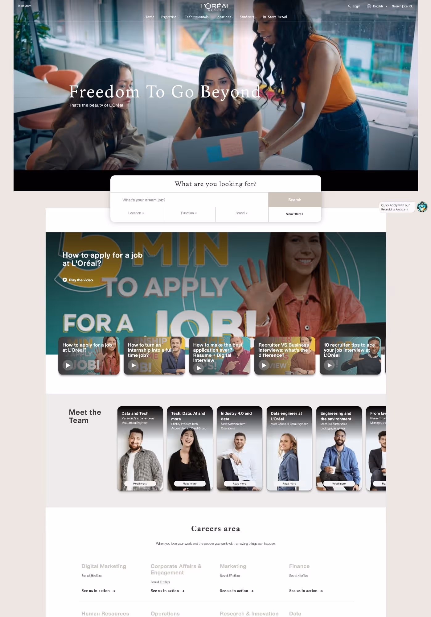 L’Oréal career page cover featuring diverse professionals and consumer goods roles overview sections