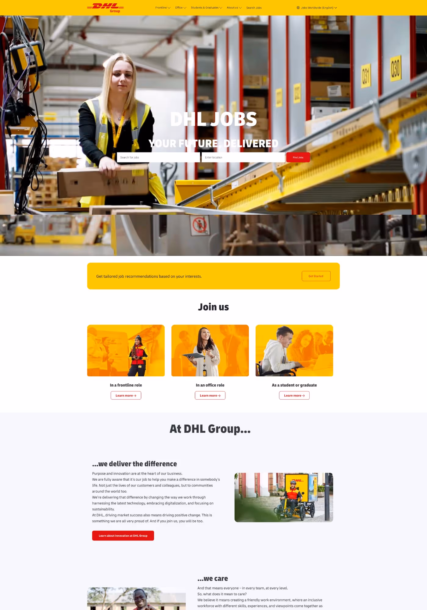 DHL Group Transportation and Logistics career page cover with delivery staff and branded vehicles