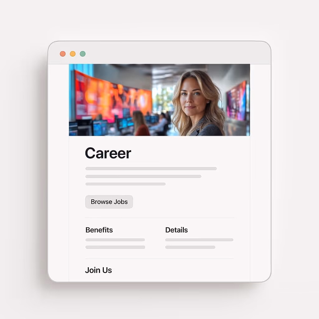 Website career page mockup featuring a woman in an office setting and a button labeled Browse Jobs.