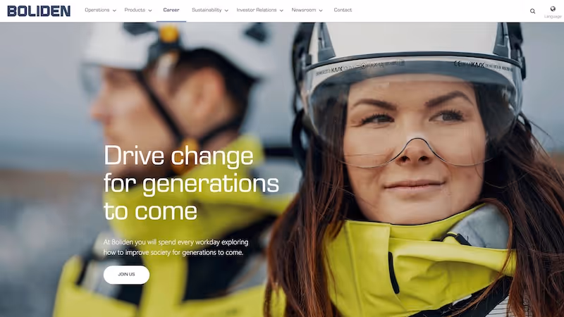 Screenshot of the official career page of Boliden