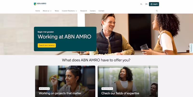 Screenshot of the official career page of ABN AMRO Bank