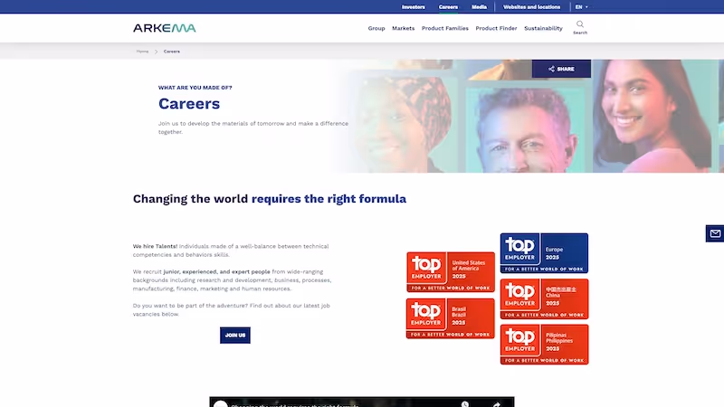 Screenshot of the official career page of Arkema