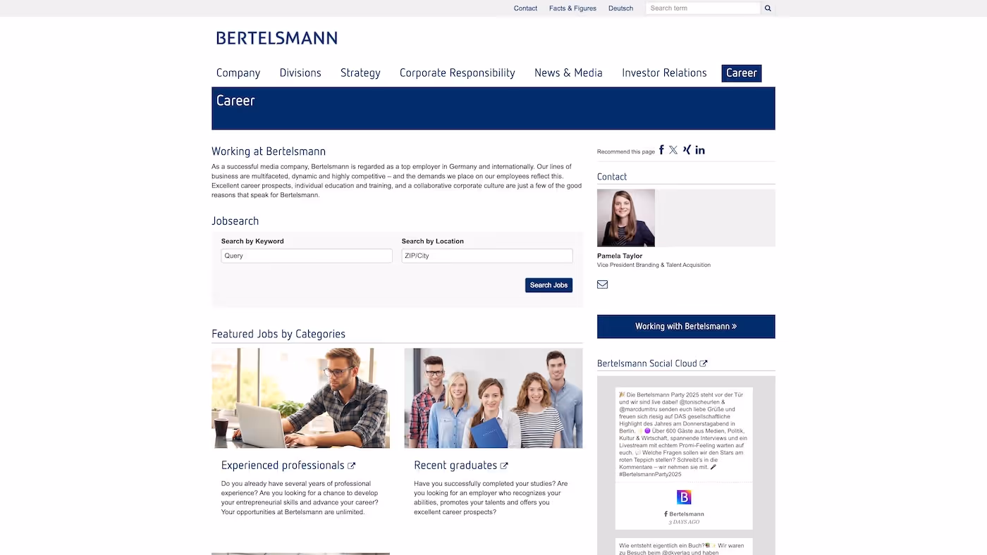 Screenshot of the official career page of Bertelsmann