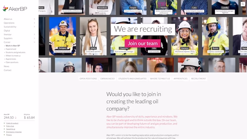 Screenshot of the official career page of Aker BP