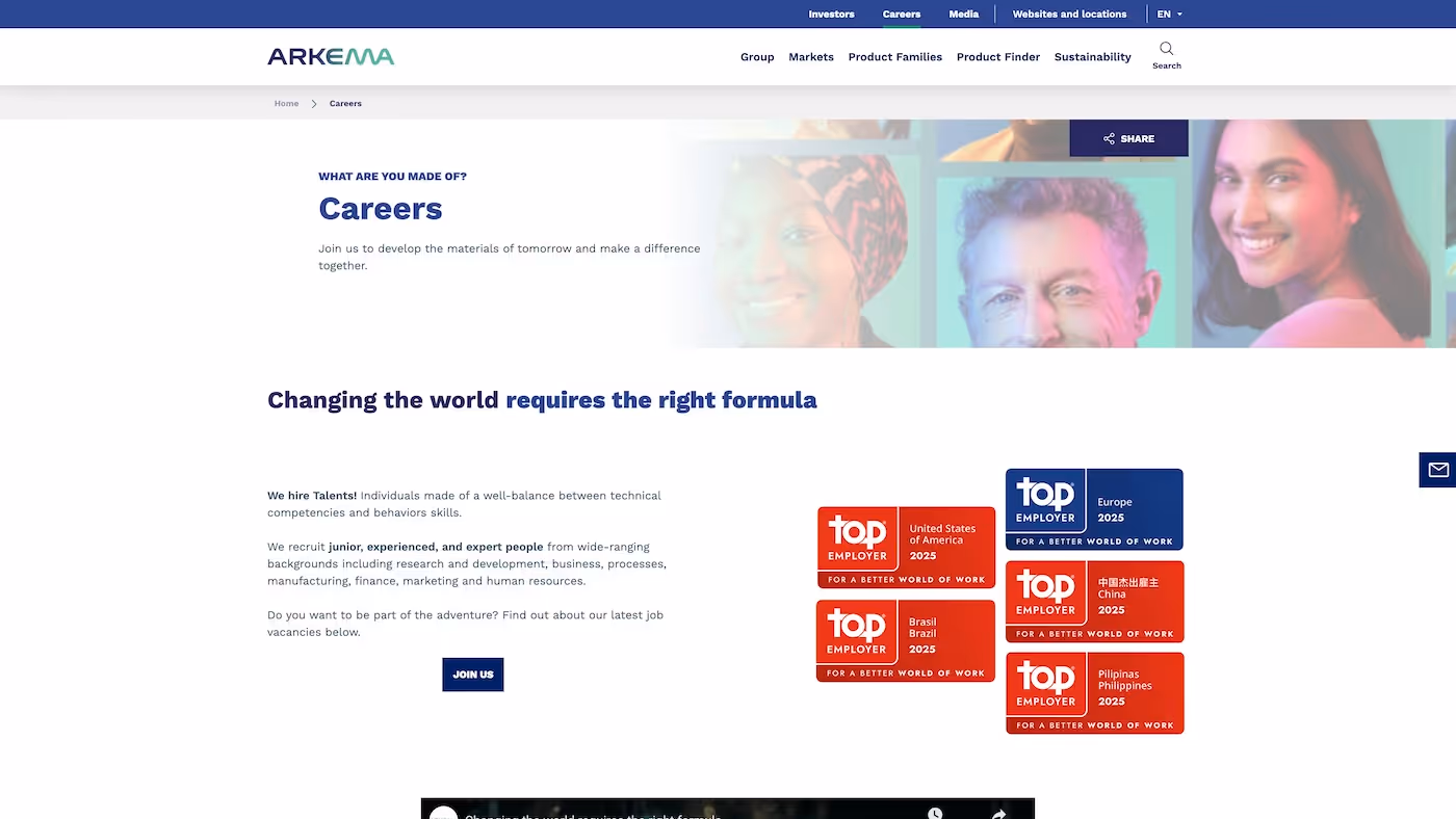 Screenshot of the official career page of Arkema