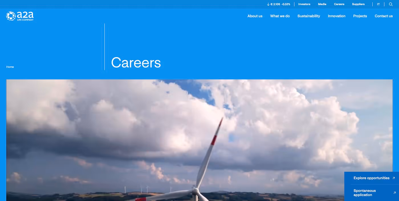 Screenshot of the official career page of A2A