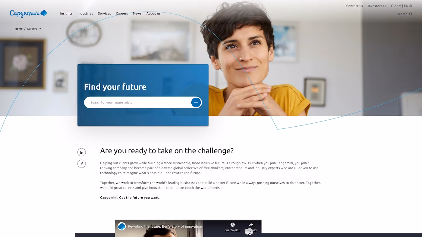 Screenshot of the official career page of Capgemini