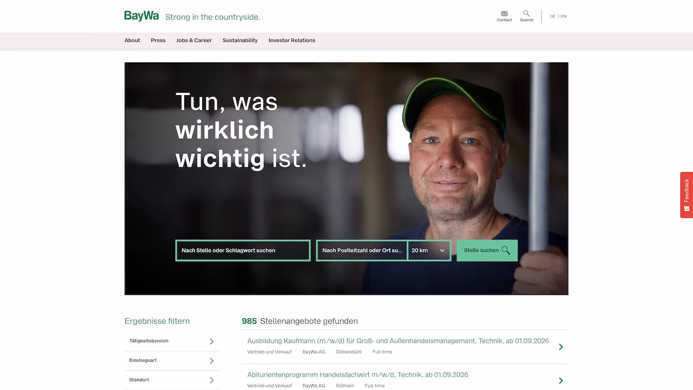 Screenshot of the official career page of BayWa