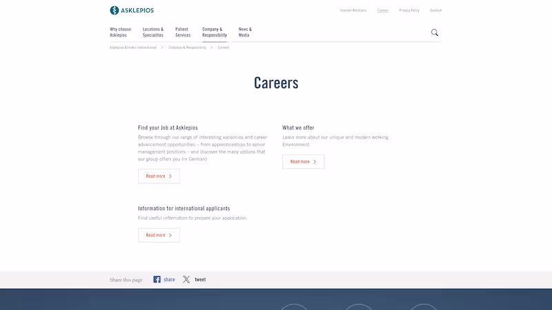 Screenshot of the official career page of Asklepios Kliniken