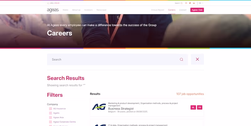 Screenshot of the official career page of Ageas