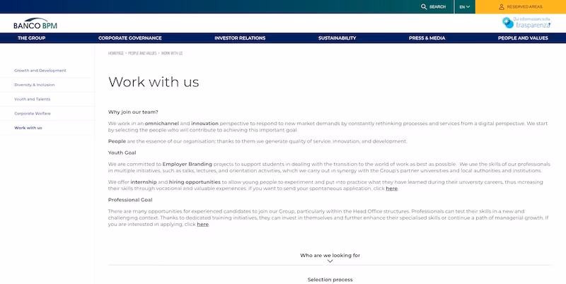 Screenshot of the official career page of Banco BPM