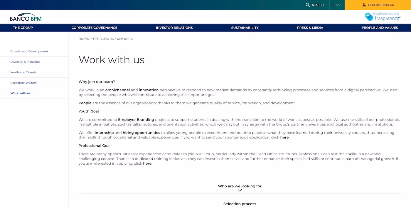 Screenshot of the official career page of Banco BPM