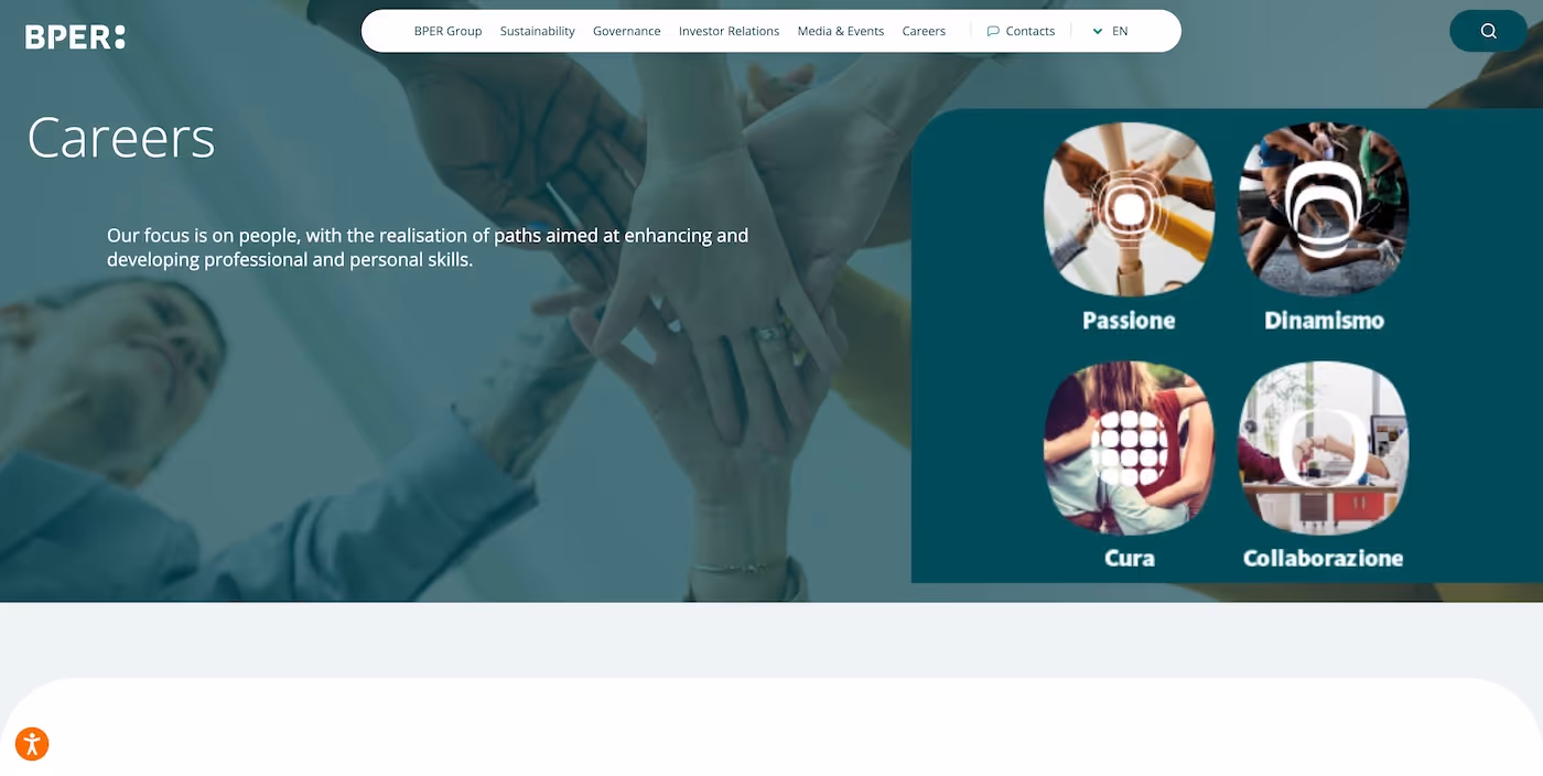 Screenshot of the official career page of BPER Banca