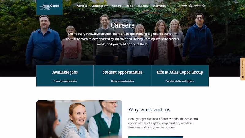 Screenshot of the official career page of Atlas Copco