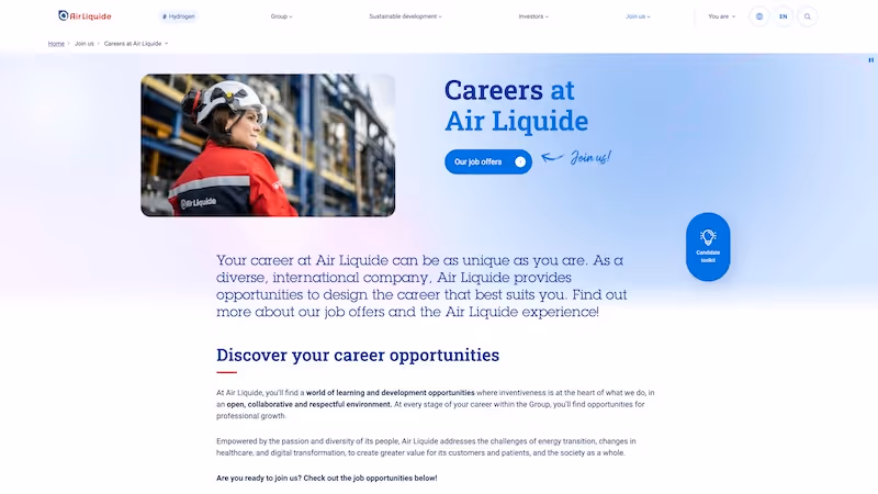 Screenshot of the official career page of Air Liquide