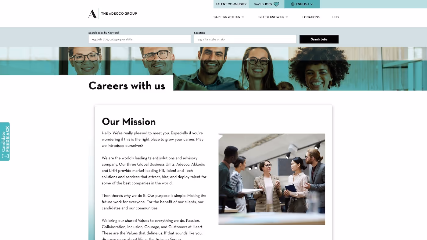 Screenshot of the official career page of Adecco Group