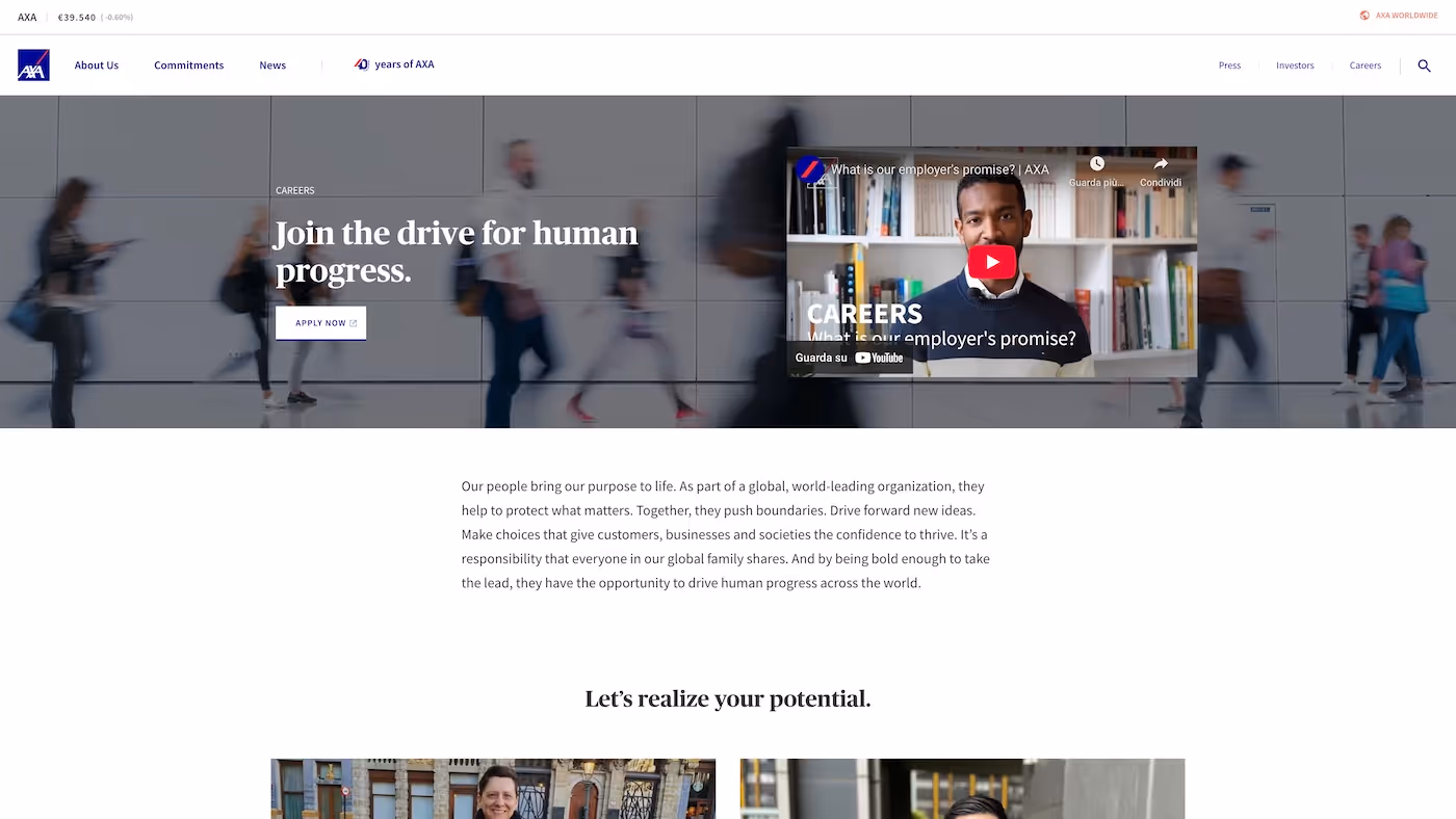 Screenshot of the official career page of AXA