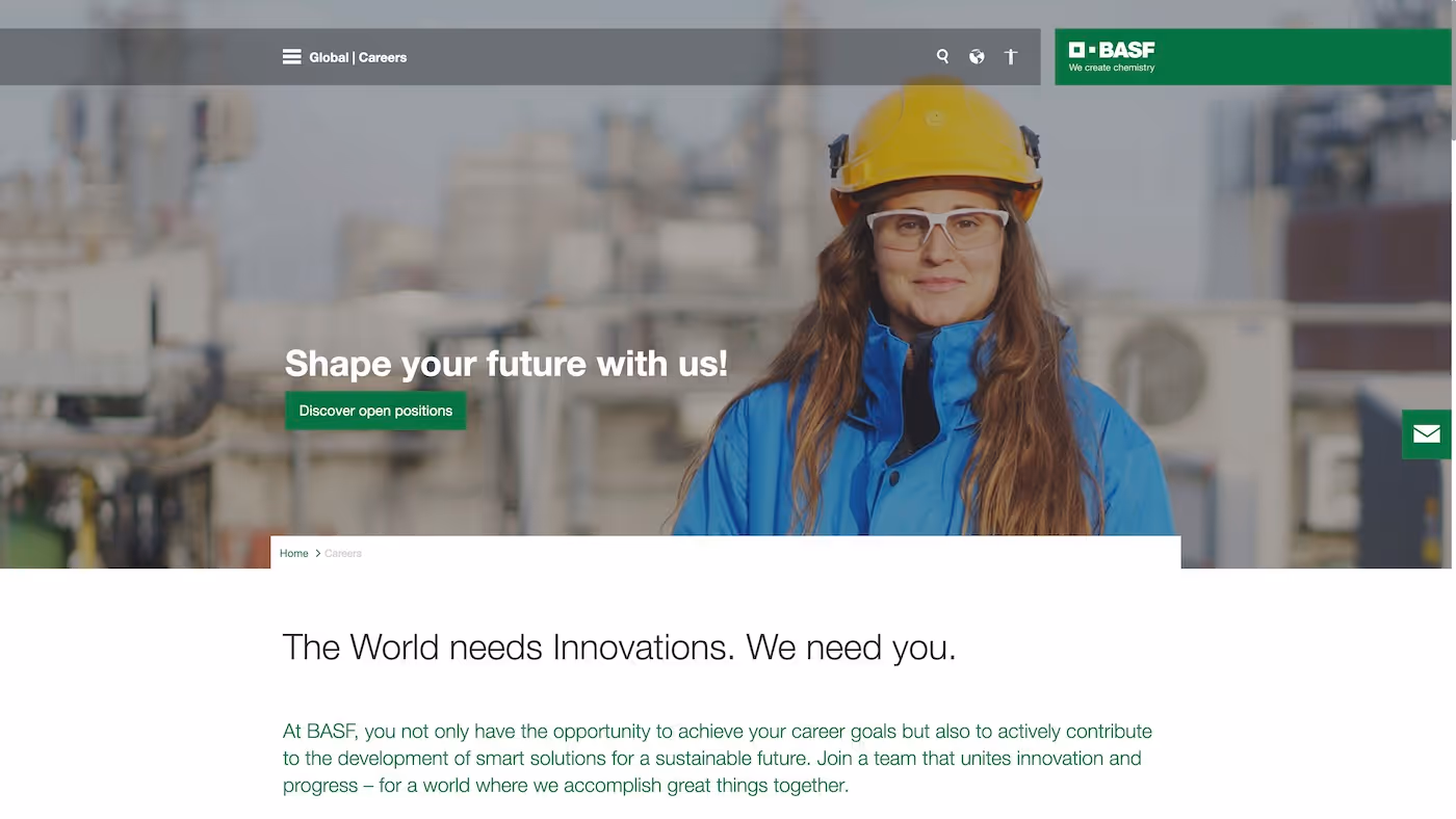 Screenshot of the official career page of BASF