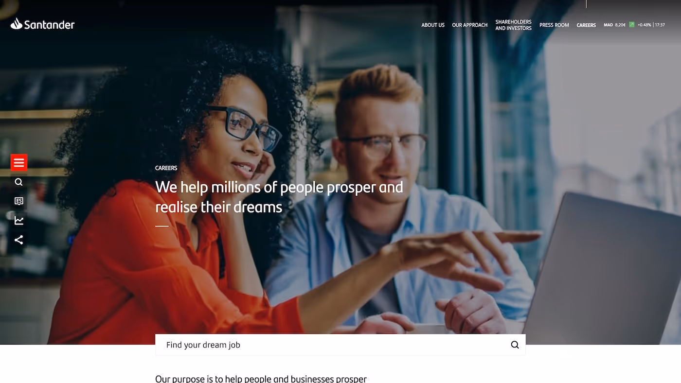 Screenshot of the official career page of Banco Santander