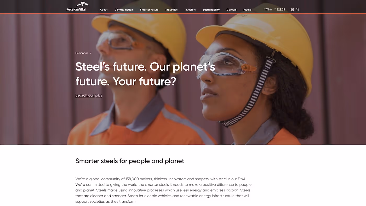 Screenshot of the official career page of ArcelorMittal