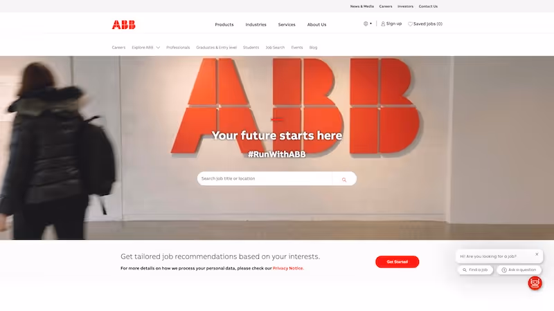 Screenshot of the official career page of ABB