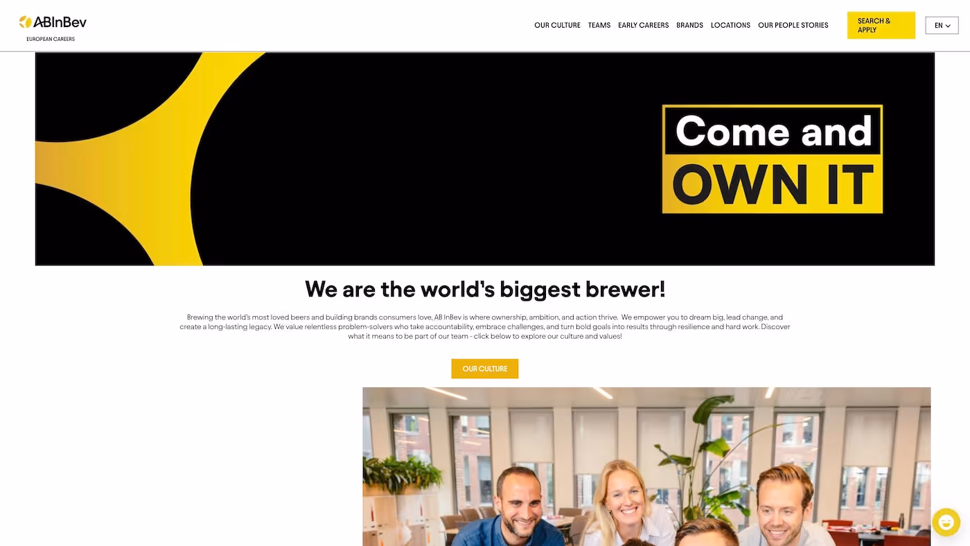 Screenshot of the official career page of Anheuser-Busch InBev